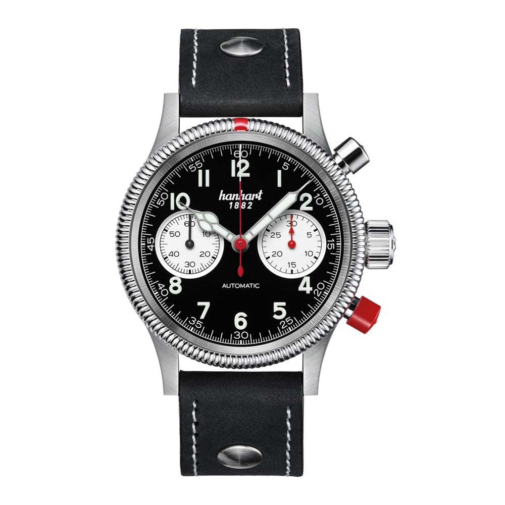 HANHART (แฮนฮาร์ท) นาฬิกาโครโนกราฟ PIONEER Mk II Reverse Panda ระบบออโตเมติก สายหนัง Calfskin (716.211)