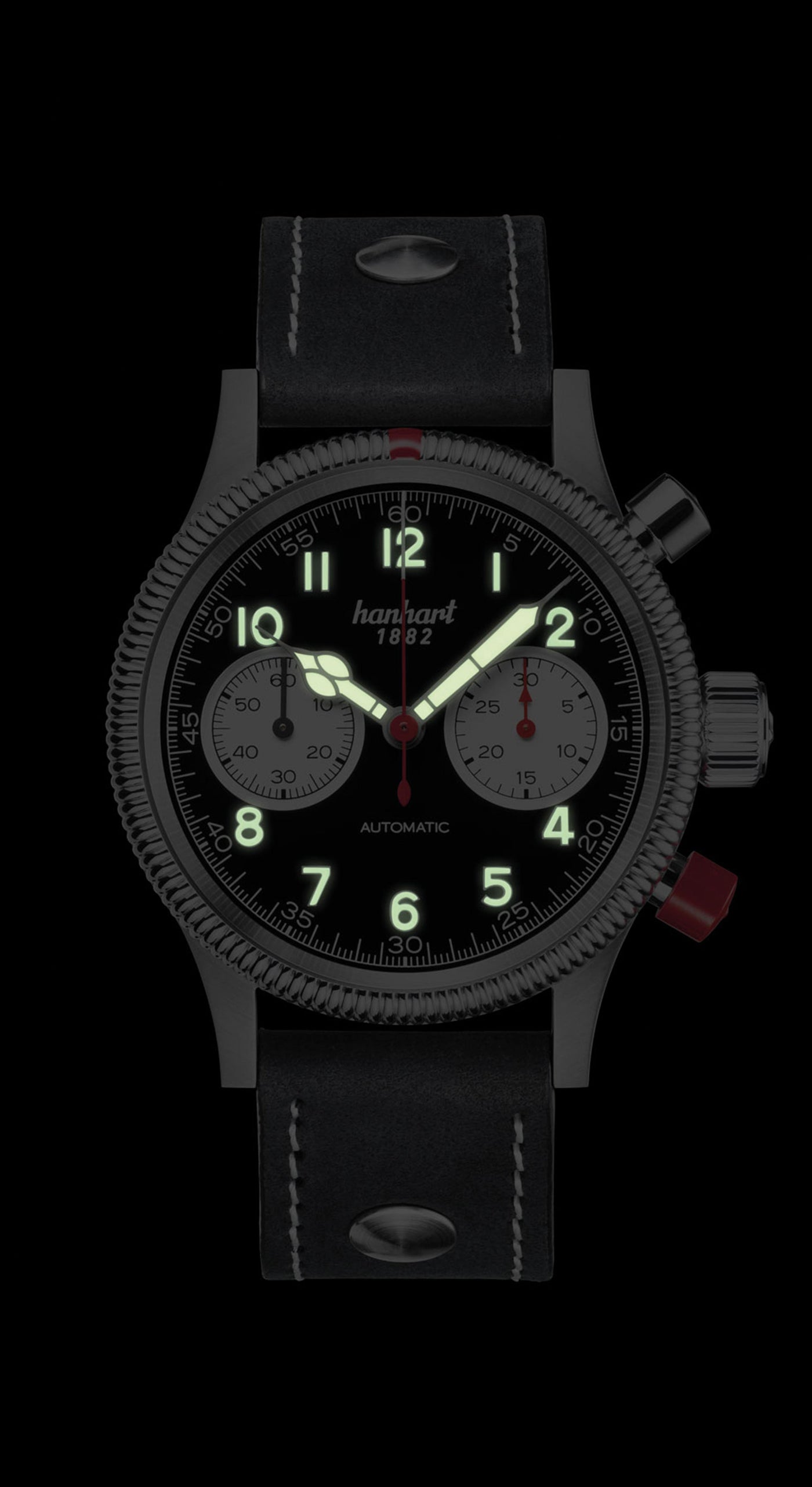 HANHART (แฮนฮาร์ท) นาฬิกาโครโนกราฟ PIONEER Mk II Reverse Panda ระบบออโตเมติก สายหนัง Calfskin (716.211)