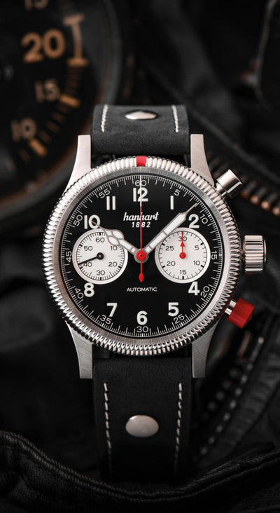 HANHART (แฮนฮาร์ท) นาฬิกาโครโนกราฟ PIONEER Mk II Reverse Panda ระบบออโตเมติก สายหนัง Calfskin (716.211)
