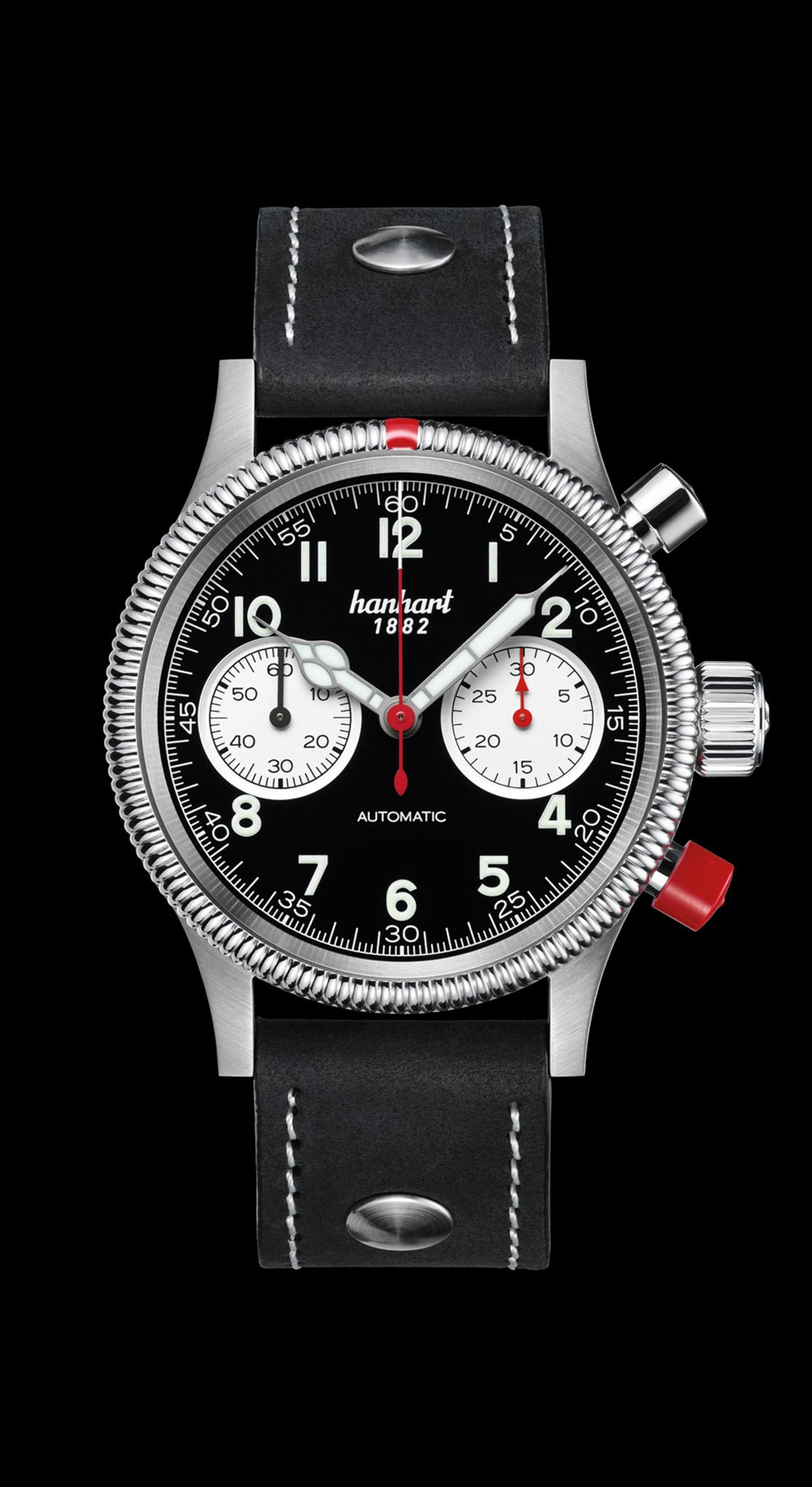 HANHART (แฮนฮาร์ท) นาฬิกาโครโนกราฟ PIONEER Mk II Reverse Panda ระบบออโตเมติก สายหนัง Calfskin (716.211)