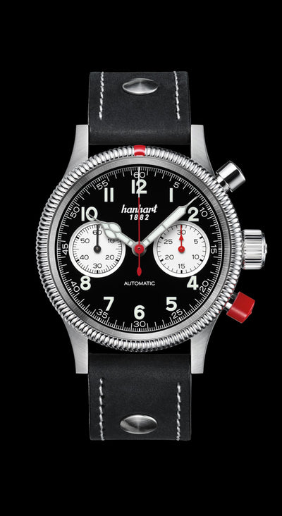 HANHART (แฮนฮาร์ท) นาฬิกาโครโนกราฟ PIONEER Mk II Reverse Panda ระบบออโตเมติก สายหนัง Calfskin (716.211)