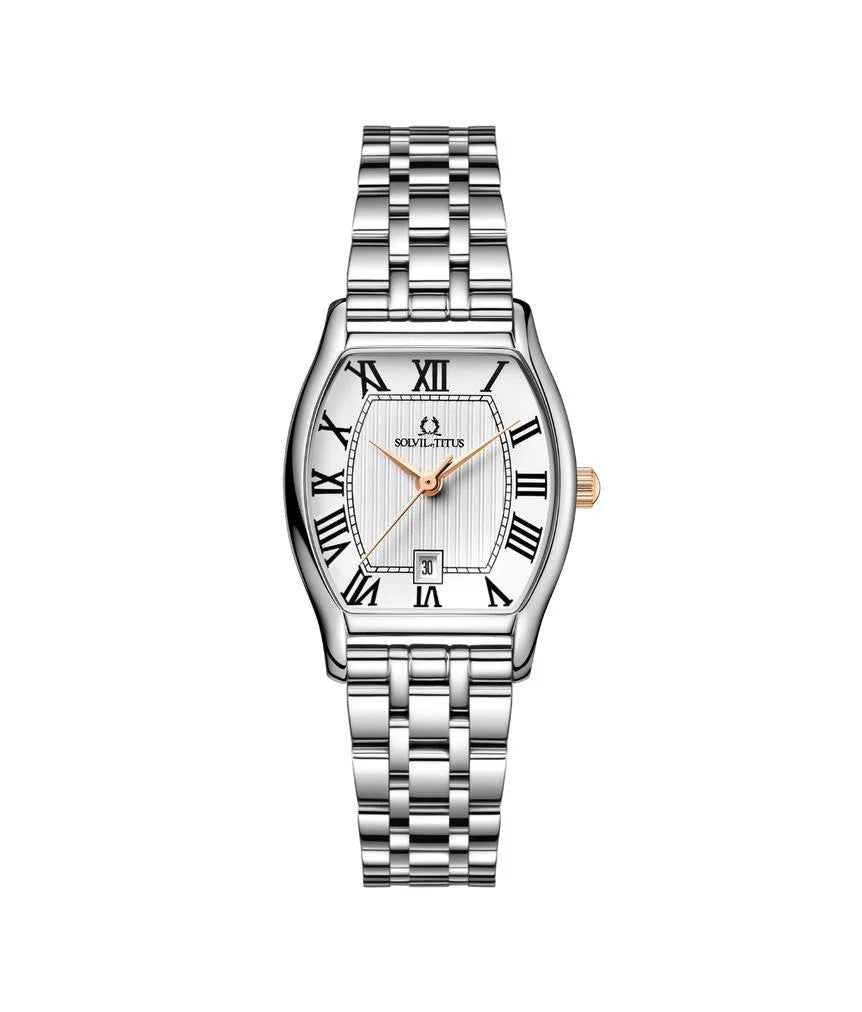 Solvil et Titus (โซวิล เอ ติตัส) นาฬิกาผู้หญิง Barista 3 เข็ม วันที่ ระบบควอตซ์ สายสเตนเลสสตีล ขนาดตัวเรือน 24.7 มม. (W06-02825-018)