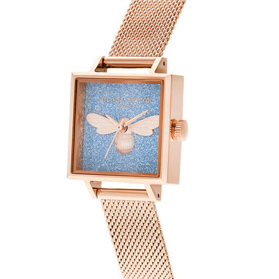 Olivia Burton (โอลิเวีย เบอร์ตัน) นาฬิกาผู้หญิง Lucky Bee Aqua Glitter ระบบควอตซ์ สายถักสแตนเลสสตีล ขนาดตัวเรือน 22.5 มม. (OB16FB12)