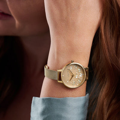 Olivia Burton (โอลิเวีย เบอร์ตัน) นาฬิกาผู้หญิง Sparkle Butterfly ระบบควอตซ์ สายถักสแตนเลสสตีล ขนาดตัวเรือน 34 มม. (OB16MB37)